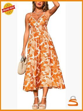 Boho Floral Maxi Dress Spaghetti Strap V Neck Smocked Sundress Summer Flowy